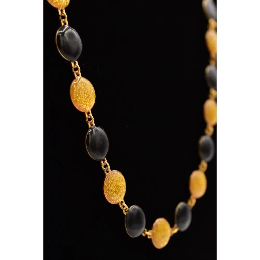 Vintage Black Gold Necklace Enamel Chain Gold Round Dot Circle Linked BinBD